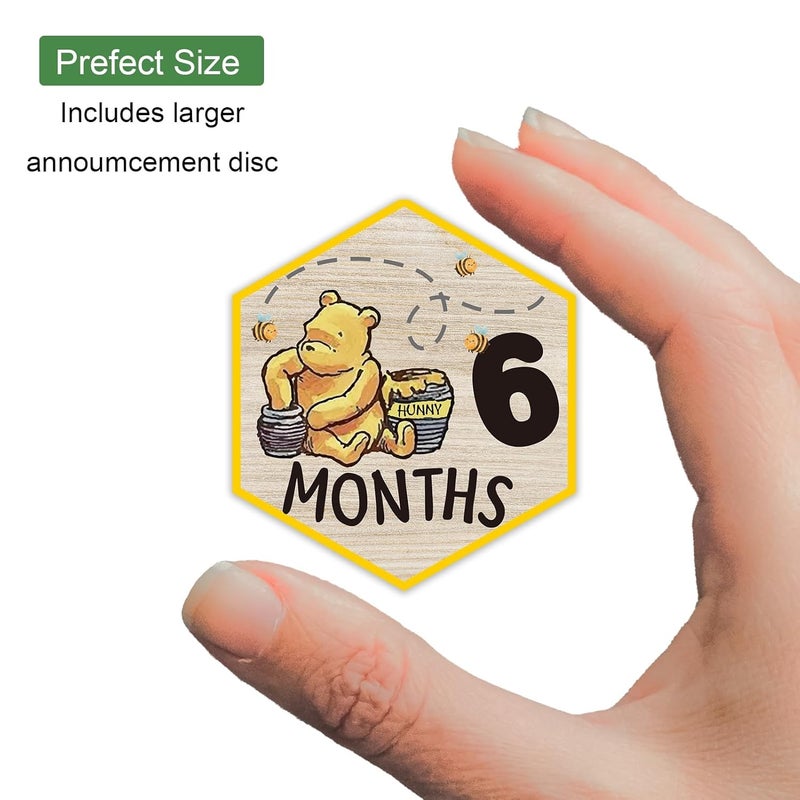 PAMBO The Winnie Baby Bear Month Milestone Circles, Wooden Discs Stuff for Baby Photo Takens with Hello World Name Signs - 7Pcs Double Sided Signs- Laser Engraving - Image 4